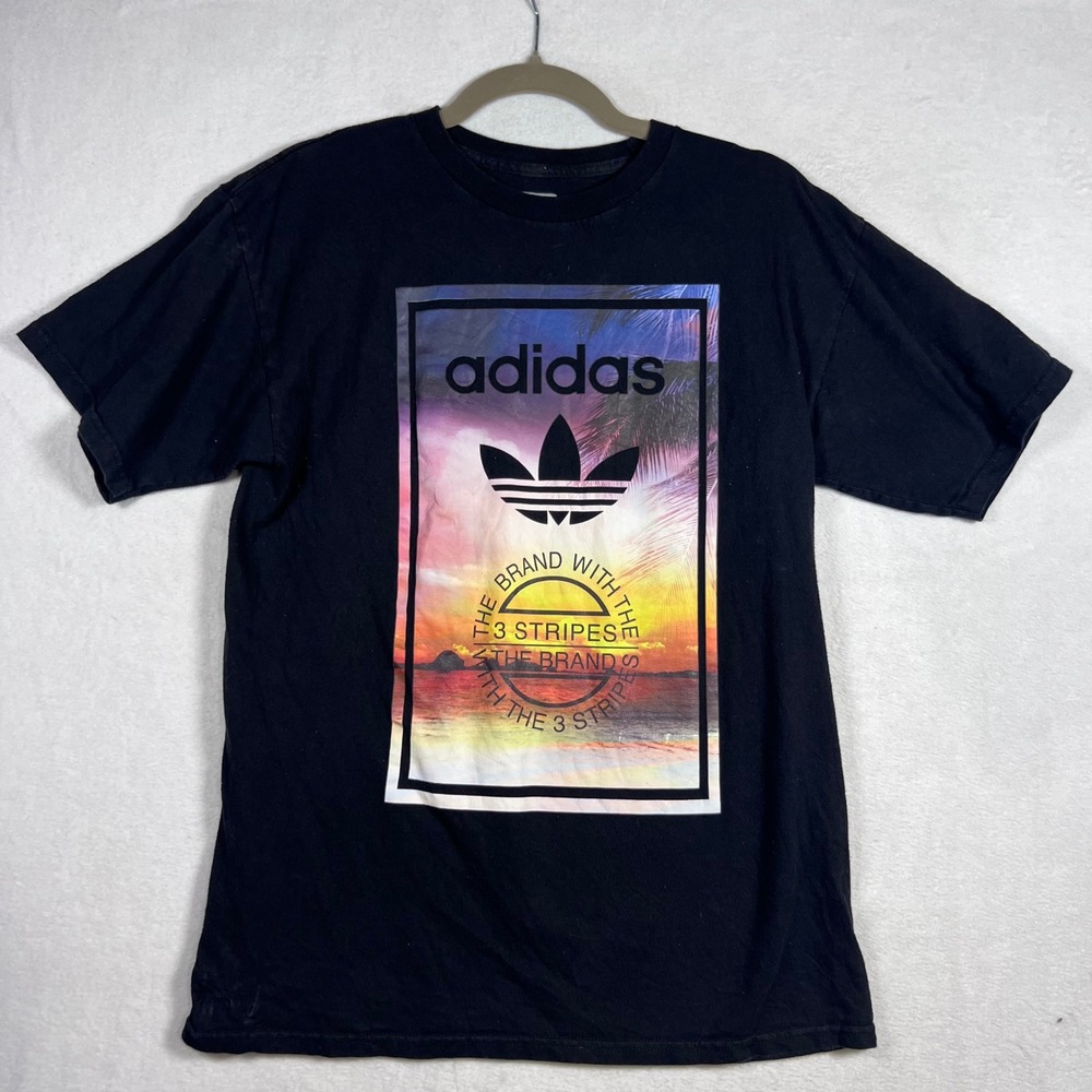 Adidas Originals Mens Graphic T-Shirt Black Sunset Palm Tree Logo Medium Surf